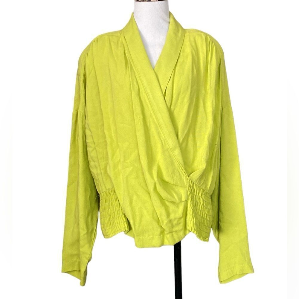 Vintage Cache Lime Green Wrap Top Long Sleeve Blouse 90s